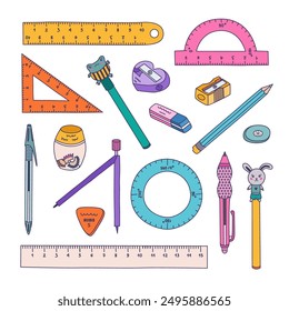 Cute colorful doodle set of back to school stationery. Collection of rulers, protractor, compass, erasers, sharpeners, pens. School supply for studying, drawing, working with hand drawn outline