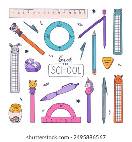 Cute colorful doodle set of back to school stationery with hand drawn outline. Collection of rulers, protractor, compass, erasers, sharpeners, pen, bookmarks. School supply for study, draw, work