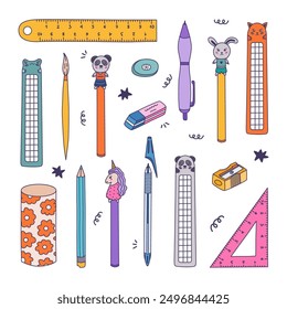 Cute colorful doodle set of back to school stationery with hand drawn outline. Collection of rulers, protractor, compass, erasers, sharpeners, pen, bookmarks. School supply for study, draw, work