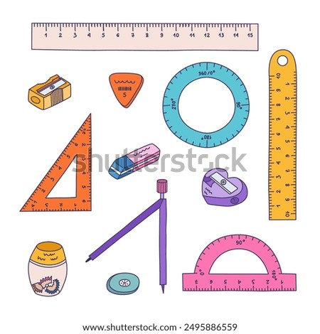 Cute colorful doodle set of back to school stationery. Collection of rulers, protractor, compass, erasers, sharpeners, pens. School supply for studying, drawing, working with hand drawn outline