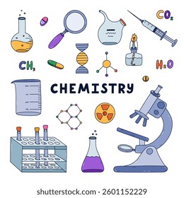 Cute colorful doodle set with chemistry, science and laboratory clipart. Lab equipment for chemical, genetic, medical experiment, study. Learning medicine, biology concept with hand drawn outline