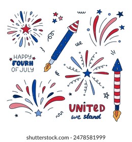 Cute colorful doodle set with fireworks, rockets and lettering for 4th July. Sparkling salute as sign of Independence day, holidays, celebration and festival. Hand drawn isolated illustration.