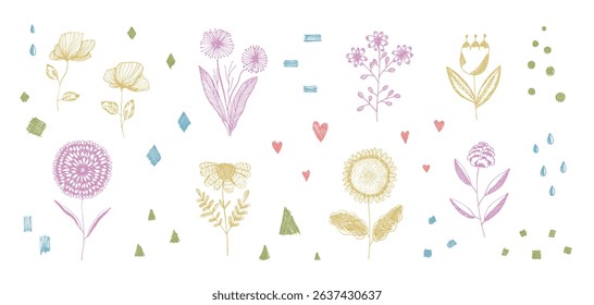 Cute colorful doodle set of hand drawn whimsical vector floral elements. Funny outline flowers, herbs and scribbles illustration for clipart design, pattern, greeting card decor, icons, stickers