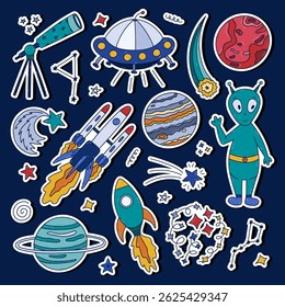Cute colorful doodle sticker set about space, galaxy for planners, notebooks. Ready for print list of childish stickers with UFO flying saucer, alien, spaceship, rocket, telescope, Mars and Jupiter.