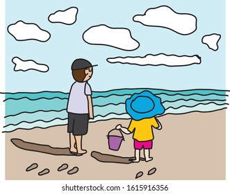 cute colorful doodle styled cartoon picture of a man and a kid standing on a beach with shadows on the sand, wavy sea and cloudy sky.