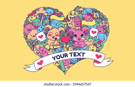 Cute colorful doodle vector illustration in love shape. Hand drawn cartoon illustration.