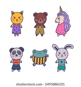 Cute colorful doodle zoo characters set with wild, magic animals, pets in clothes. Kawaii collection of frog, unicorn, cat, rabbit, bear. Domestic, farm, wild animals clipart with hand drawn outline.