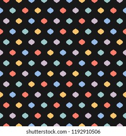 Cute colorful dots seamless pattern. Vector geometric texture with confetti on black background. Simple abstract funky pattern for kids, boys and girls. Design for holiday decoration, textile, covers