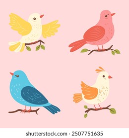 Cute Colorful Dove Pigeon Bird Animal Cartoon Character Perched on Tree Branch