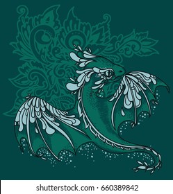 cute colorful dragon and fantasy ornament, vector illustration