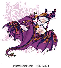 cute colorful dragon and hourglass, time guardian, lilac and pink colors, vector illustration