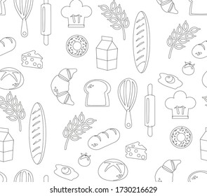 cute colorful drawing bakery wheat bread and milk background seamless pattern vector illustration