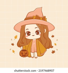 Cute Colorful drawing of a witch little kid girl in a witch hat kawaii style