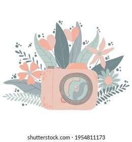 Cute colorful dslr photo camera with fllowers in flat cartoon style. Vector hand drawn camera with floral illustration with pastels colors. Isolated on white background. 