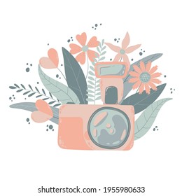 Cute colorful dslr photo camera with fllowers in flat cartoon style. Vector hand drawn camera with floral illustration with pastels colors. Isolated on white background. 