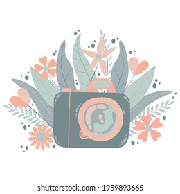 Cute colorful dslr photo camera with fllowers in flat cartoon style. Vector hand drawn camera with floral illustration with pastels colors. Isolated on white background. 