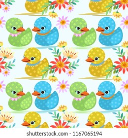Cute colorful duckling seamless pattern fabric textile wallpaper.