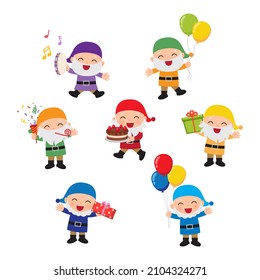 Cute colorful dwarfs celebrating birthday party with balloons and presents. Flat vector cartoon design