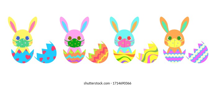 cute colorful easter bunnies wearing face mask due to coronavirus (covid-19) quarantine situation vector 2010.