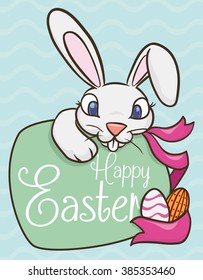 Cute colorful Easter bunny with greeting message in wave pattern background.