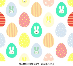 Cute colorful easter egg with bunny rabbit on white background pattern seamless wallpaper. Vector image
