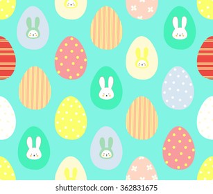 Cute colorful easter egg with bunny rabbit on green blue background pattern seamless wallpaper. Vector image