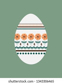 Cute colorful easter egg decorated with flowers. Happy Easter egg background. For your design. Flat design on green background. Hand-drawn. Vector illustration.