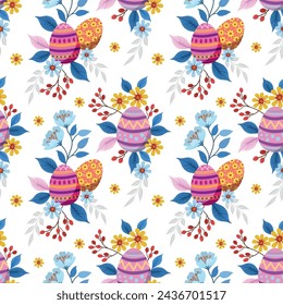 Cute colorful Easter egg with flowers and leaf seamless pattern for fabric textile wallpaper gift wrapping paper.