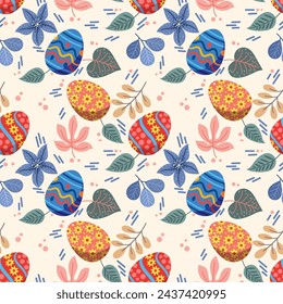 Cute colorful Easter egg with flowers and leaf seamless pattern for fabric textile wallpaper gift wrapping paper.