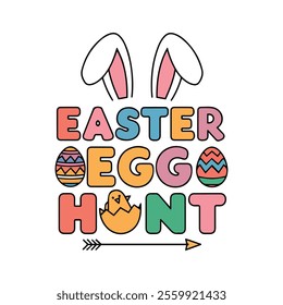 Cute colorful Easter Egg Hunt Design with Bunny Ears for Graphic Design isolated vector art on white background 