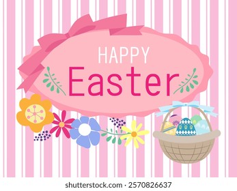 Cute and colorful easter eggs in the basket and happy easter calligraphy.