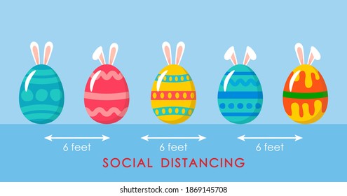 lindos huevos de pascua coloridos con ornamentos y ornamentos de conejito de baño durante la epidemia de coronavirus. concepto de distanciamiento social covid19. ilustración vectorial