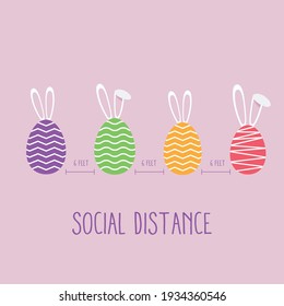 cute colorful easter eggs with bath bunny ears and ornaments during the coronavirus epidemic. social distancing concept covid19. vector illustration