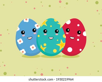Cute Colorful Easter Eggs Kawaii Set Vector Template