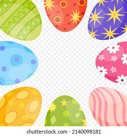 Cute colorful Easter eggs on png background. Colored eggs, Easter symbol, decorative vector elements composition. Happy Easter cartoon design for greeting card. Vector illustration on PNG background.