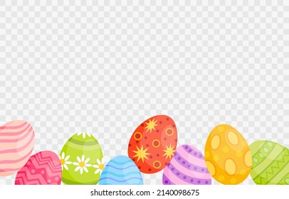 Cute colorful Easter eggs on png background. Colored eggs, Easter symbol, decorative vector elements composition. Happy Easter cartoon design for greeting card. Vector illustration on PNG background.