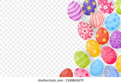 Cute colorful Easter eggs on png background. Colored eggs like Easter symbol. Happy Easter cartoon design for greeting card, broshure, flyer, banner. Vector illustration on PNG background.