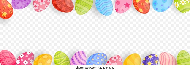 Cute colorful Easter eggs on png background. Colored eggs like Easter symbol. Happy Easter cartoon design for greeting card, broshure, flyer, banner. Vector illustration on PNG background.