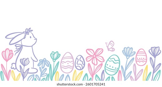 Cute colorful Easter line art vector illustration, rabbit doodle with flowers and eggs, spring meadow tiny plants greeting border design