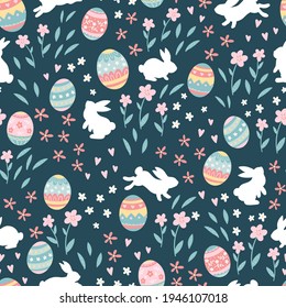 Cute colorful Easter seamless pattern with doodle easter eggs and cute little flowers, great for Easter textiles, wallpapers, as background for cards, invitations - vector design