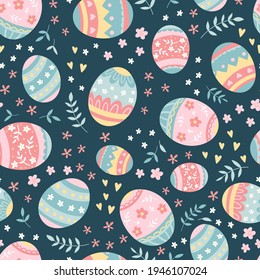 Cute colorful Easter seamless pattern with doodle easter eggs and cute little flowers, great for Easter textiles, wallpapers, as background for cards, invitations - vector design