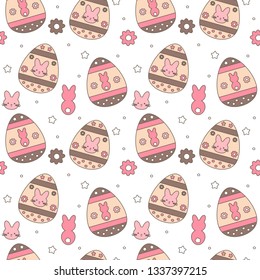 cute colorful easter seamless vector pattern background illustration with eggs, flowers and bunnies