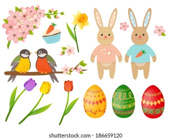 Cute colorful easter set - cherry blossom, tulips, eggs, rabbits, birds, narcissus and carrot cupcake. Vector design illustration