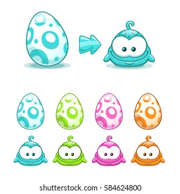 Cute colorful eggs  with little funny monsters. Vector game assets.