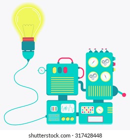 Cute and colorful electric machine with plug connected on lamp. Blank panel for insert text.