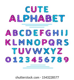 Cute colorful English alphabet isolated on white background. Fun letters from A to Z and numbers. Font and signs ABC. For scrap booking, school projects, posters, textiles. Vector illustration.
