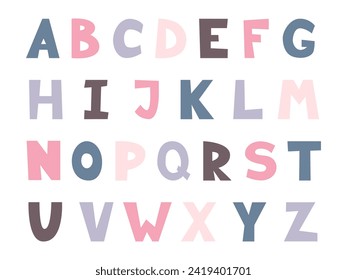 Cute colorful English Alphabet. Vector children's font for design. Hand drawn cartoon letters isolated on white. Kids playful ABC