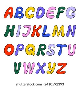 Cute colorful English alphabet, vintage font. Set of funny letters, childish typeface. Hand drawn vector illustration isolated on white background. Modern flat cartoon style.