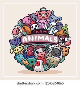 Cute colorful farm animal doodle monster having fun isolated on white background