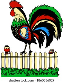 A cute colorful farm rooster stands on a wooden fence with jugs. Cartoon vector illustration. Isolated. Template, blank for card, printing, coloring, advertising, posts, promotions, etc.